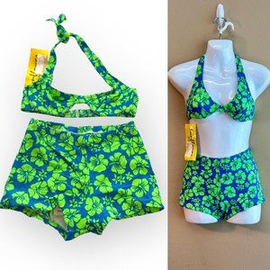 Vintage 90s Y2K Blue Lime Green Hawaiian Tropical Hibiscus Floral Bikini Set